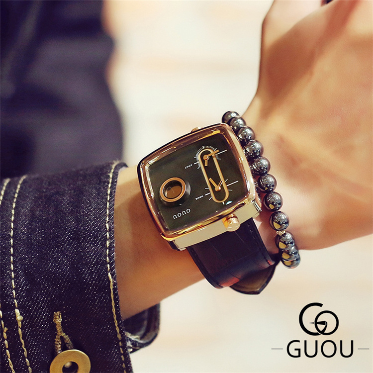 GUOU 8151 Brand Luxury Presents For Men Hot Watch Double Quartz Movement Square Watches Fashion Cowhide Leather Commander