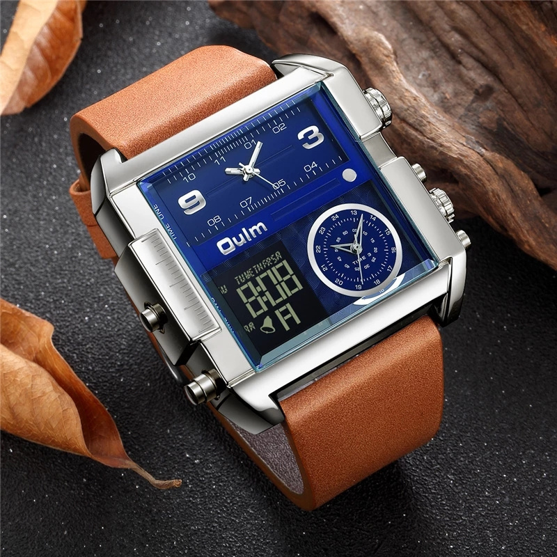 Oulm LED Digital Watches Men Luxury Brand 3 Time Zone Quartz Big Watch 24 Hours Leather Strap Male Sport Watch Relogio Masculino