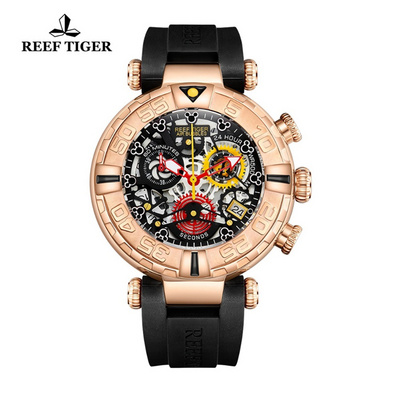 REEF TIGER RGA3059-S Top Brand Mens Sport Watches Chronograph Rose Gold Skeleton Watches Waterproof reloj hombre masculino