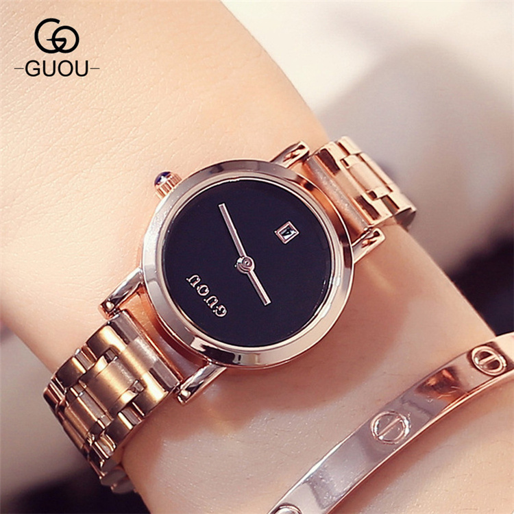 GUOU 8127 B Girl Luxury High Quality Japan Movt Rose Gold Wrist Watch Stainless Steel Bracelet Quartz Wristwatches for Women