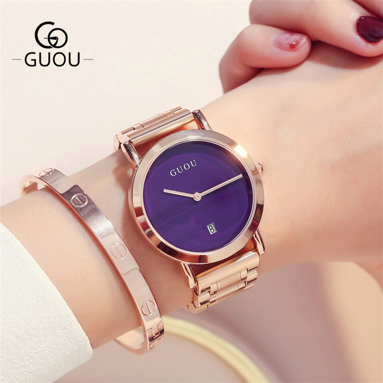 GUOU 8127 B Girl Luxury High Quality Japan Movt Rose Gold Wrist Watch Stainless Steel Bracelet Quartz Wristwatches for Women