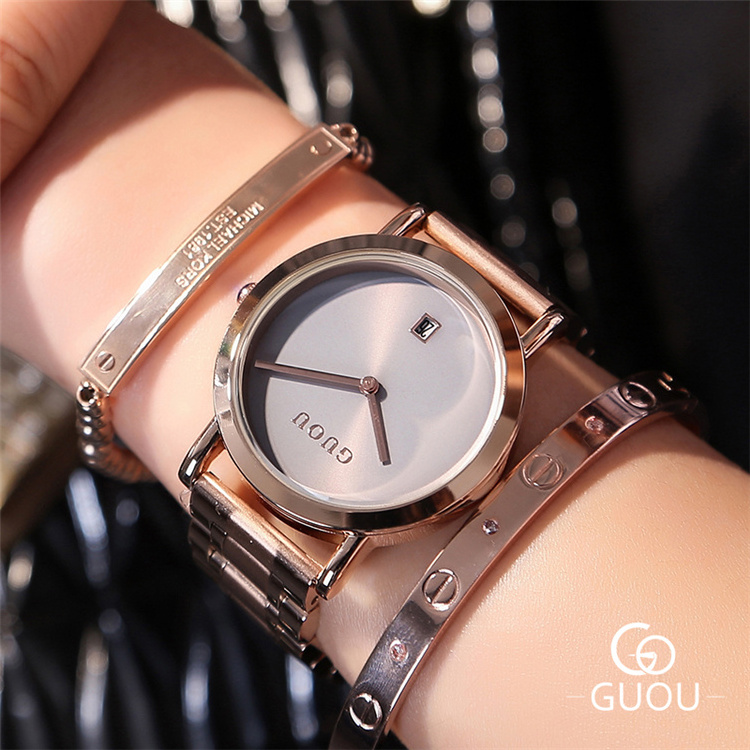 GUOU 8127 B Girl Luxury High Quality Japan Movt Rose Gold Wrist Watch Stainless Steel Bracelet Quartz Wristwatches for Women