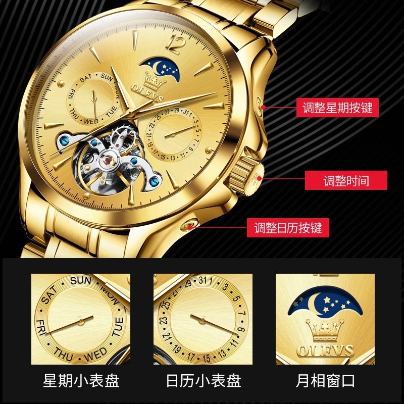 OLEVS 6663 New Automatic Mechanical Watch Mens Watches Top Brand Luxury Full Gold Tourbillon Watch Luminous Waterproof Men Clock