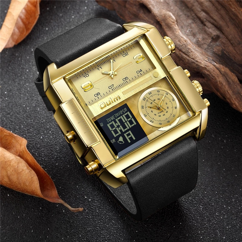 Oulm LED Digital Watches Men Luxury Brand 3 Time Zone Quartz Big Watch 24 Hours Leather Strap Male Sport Watch Relogio Masculino