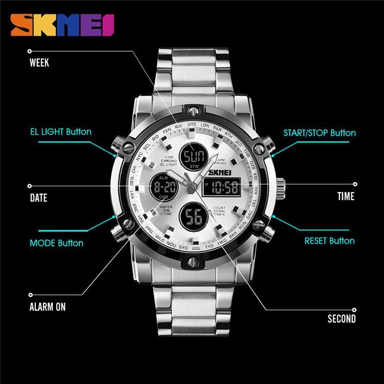 SKMEI 1389 Digital Quartz Watch Men Outdoor Sports Digital Watch Countdown Full Steel Strap Clock 2019 New