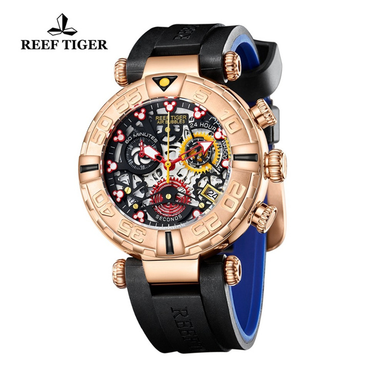 REEF TIGER RGA3059-S Top Brand Mens Sport Watches Chronograph Rose Gold Skeleton Watches Waterproof reloj hombre masculino