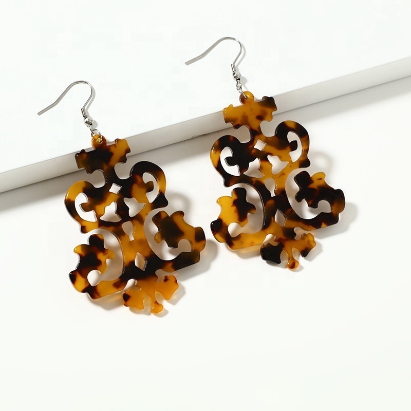 BSCI ISO9001 Factory 2022 New Drop High Quality Tortoise Shell Acetate Drop Earrings Diamond Accented Resin Jewellery Women's