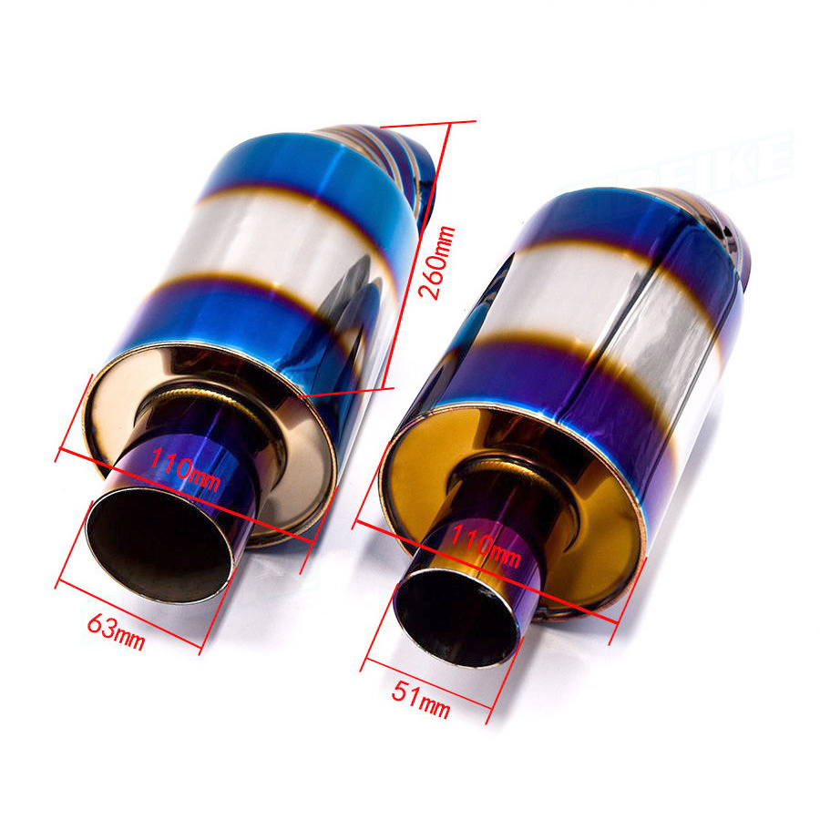 JDM Universal Custom Stainless Steel Exhaust Pipe Burnt Blue Exhaust Tail Pipe 51mm 63mm Car Exhaust Tail Muffler