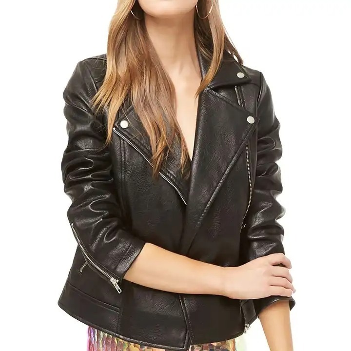 2023 Women Faux Leather Long Sleeve Zipper and Snap zipper placket Jacket SJPS-LJ-19