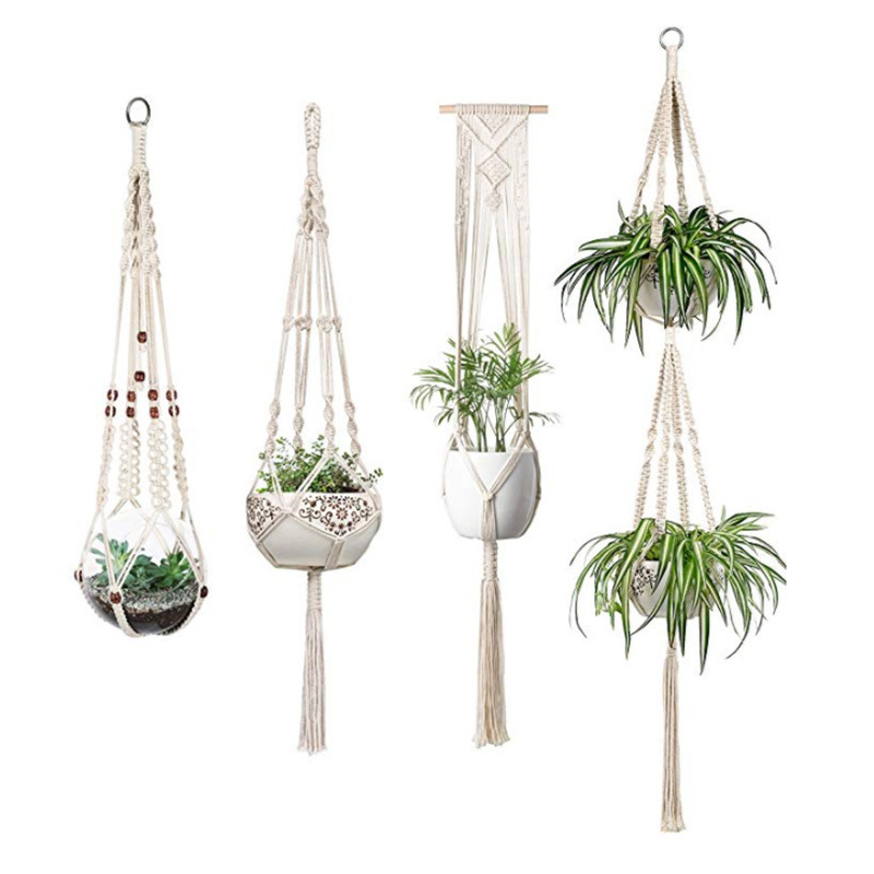 Home Decoration Handmade Boho Cotton Rope Flower Pot Holder Macrame Plant Hanger With Beads