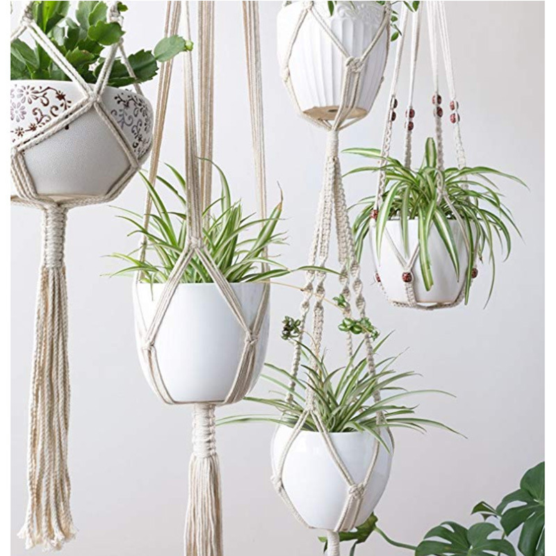 Home Decoration Handmade Boho Cotton Rope Flower Pot Holder Macrame Plant Hanger With Beads