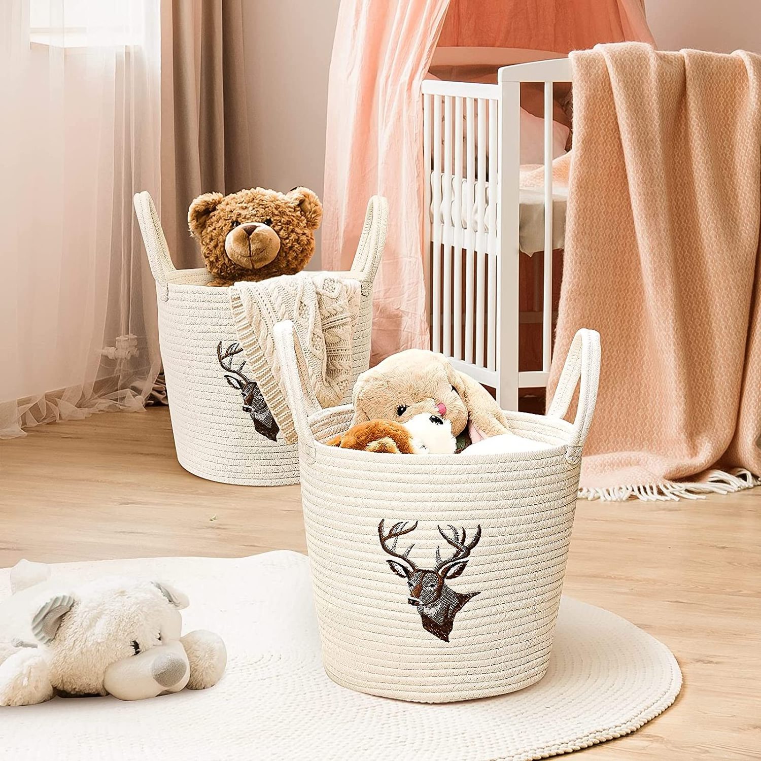 Storage Baskets 2 Pack, Small Baby Baskets Woven Cotton Rope Decorative Laundry Hampers for Blankets Toys Shoes Plants