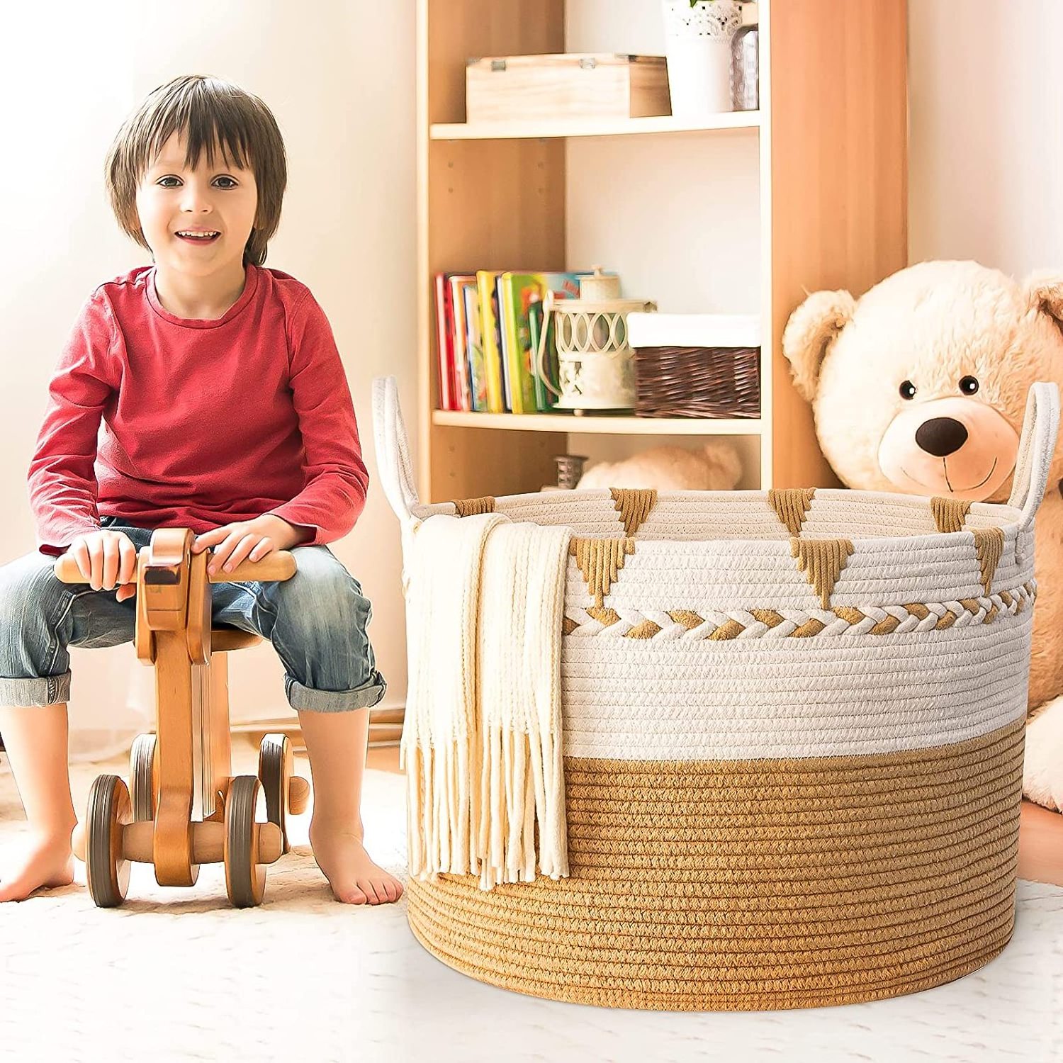 Blanket Basket Living Room, Extra Large Storage Basket Woven Cotton Rope Laundry Hamper XXXL for Kids Toys Shoes