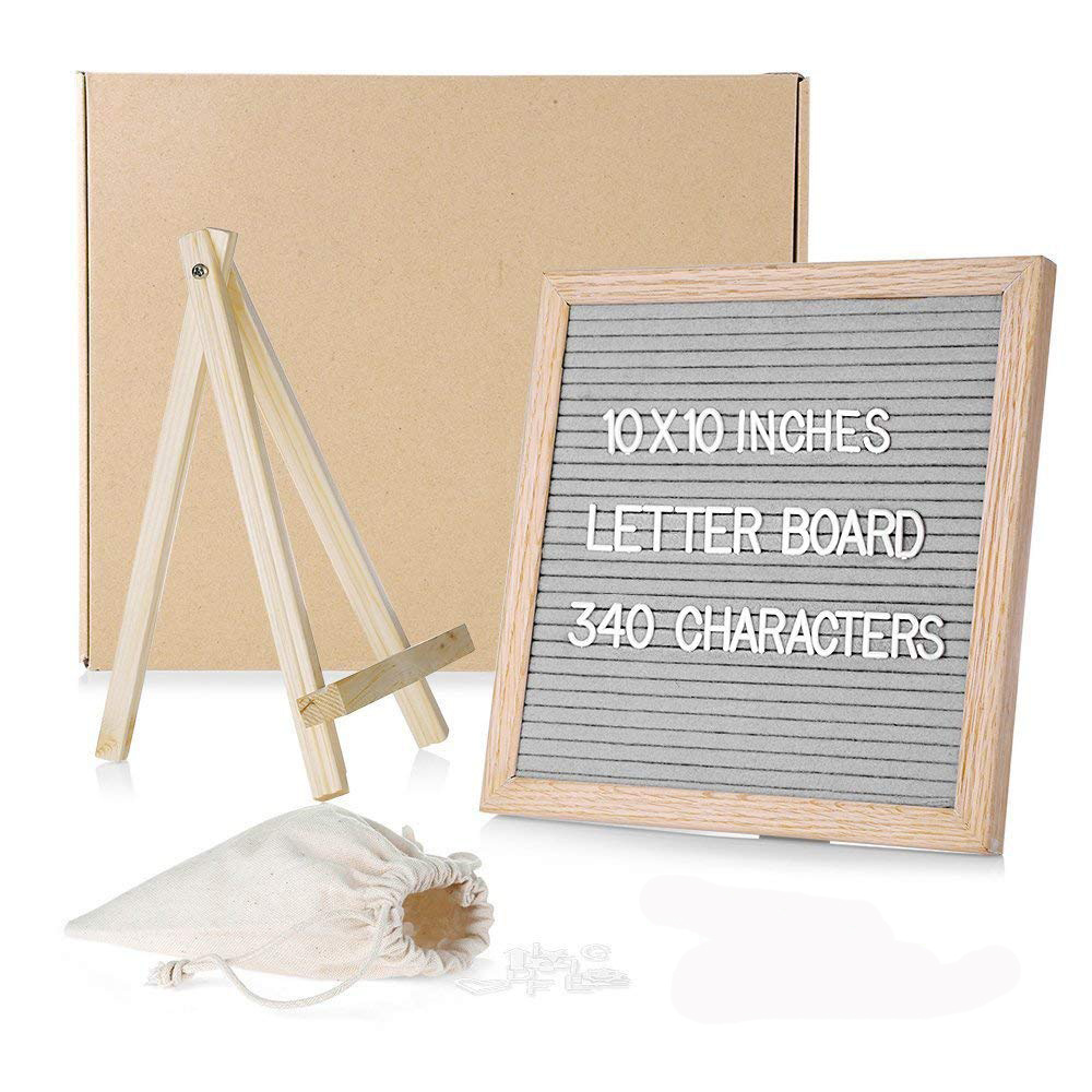 10 X 10 inch Oak Wooden Frame Gray Felt Letter Board With 340 Changeable white Plastic Letters