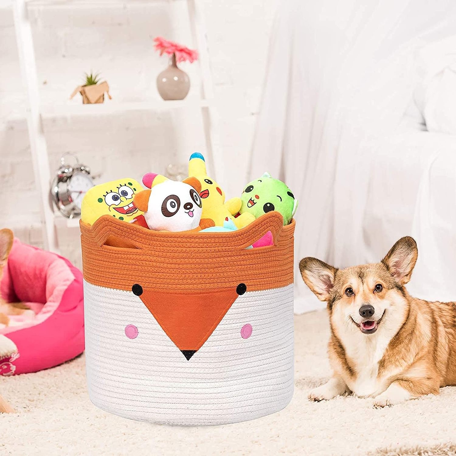 Foldable Cotton Rope Laundry Basket, Toy Storage Baskets Cute Animal Laundry Hamper, Pet Gift Basket for Cat