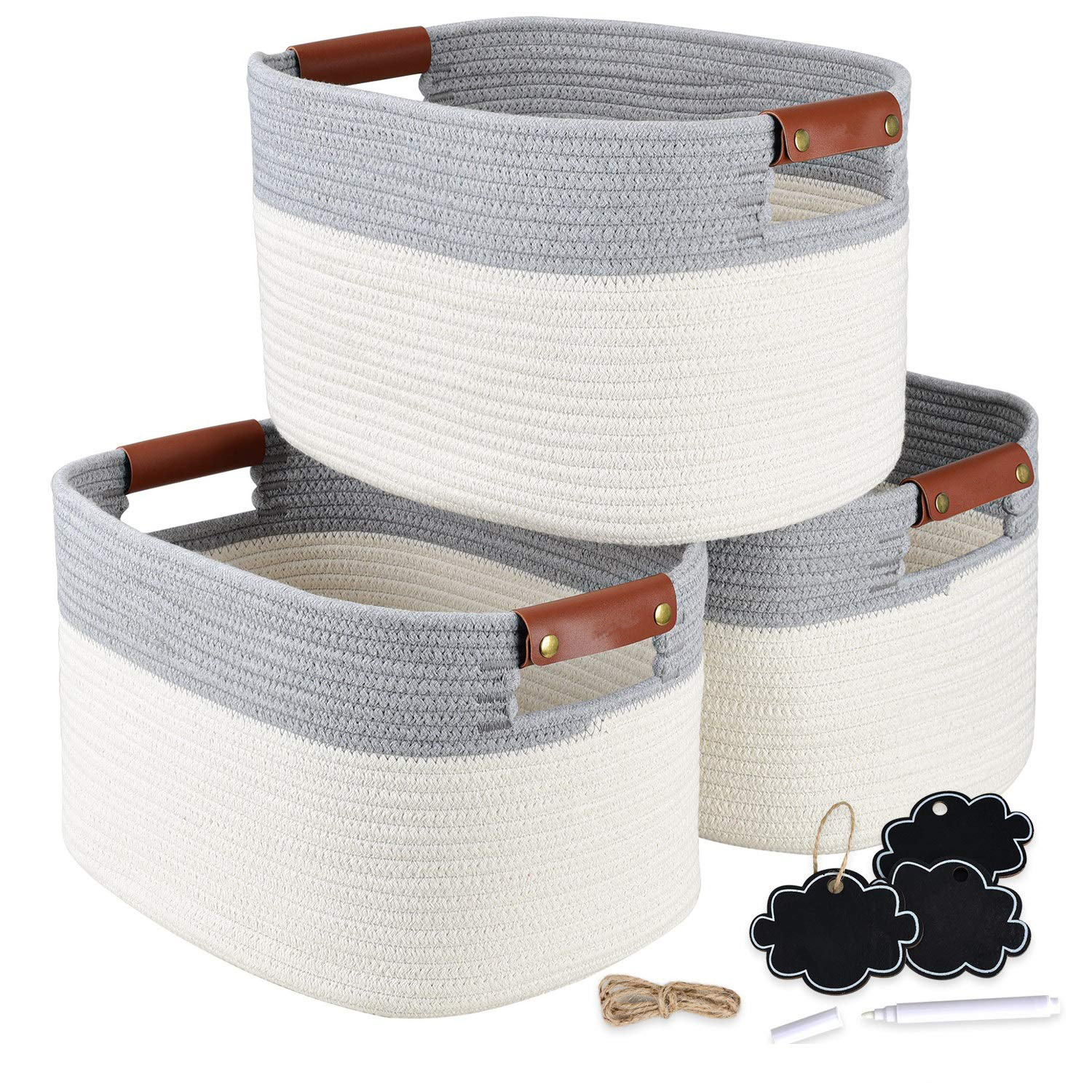 Home Organizing Bins and Nursery Decor 3-Pack Woven Cotton Rope Cube Shelf Storage Baskets for Storage Shelf toy Closet Storage