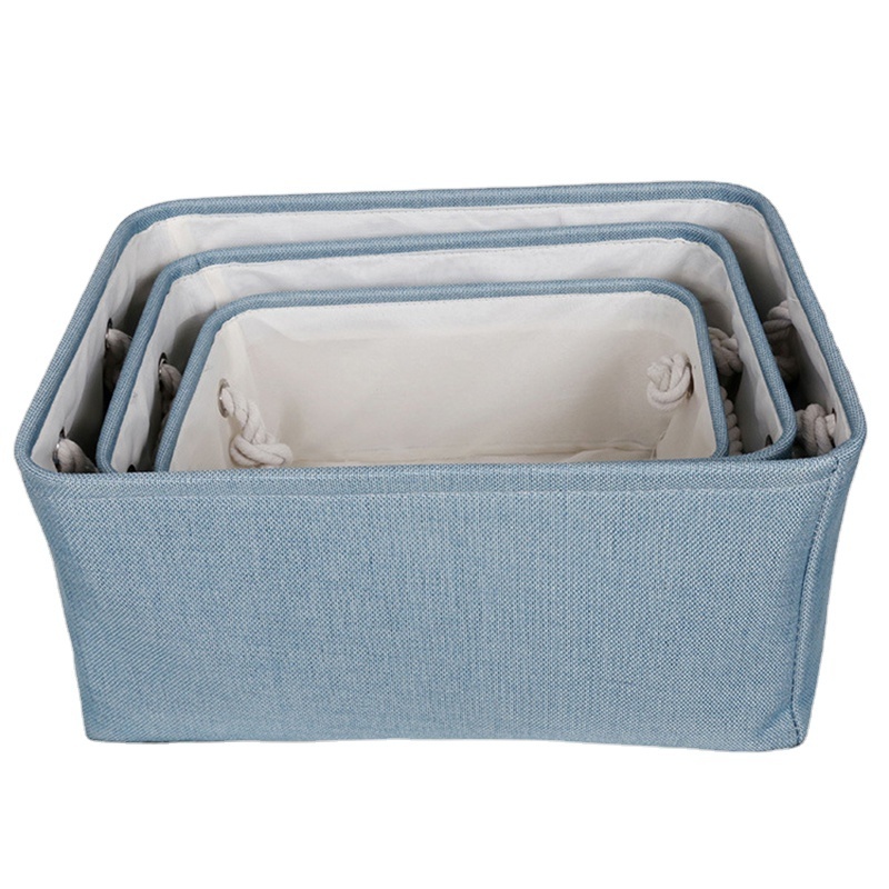 Closet storage boxes & bins with Cotton Rope Handles, Decorative Storage Baskets, Rectangle, light blue, 3-Pack