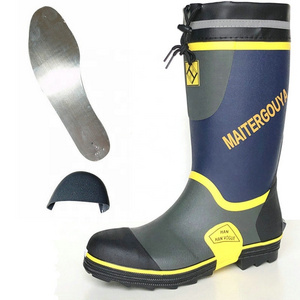 Oem waterproof men tall big size hunting  rubber steel toe and plate safety rain boots with removable warm lining