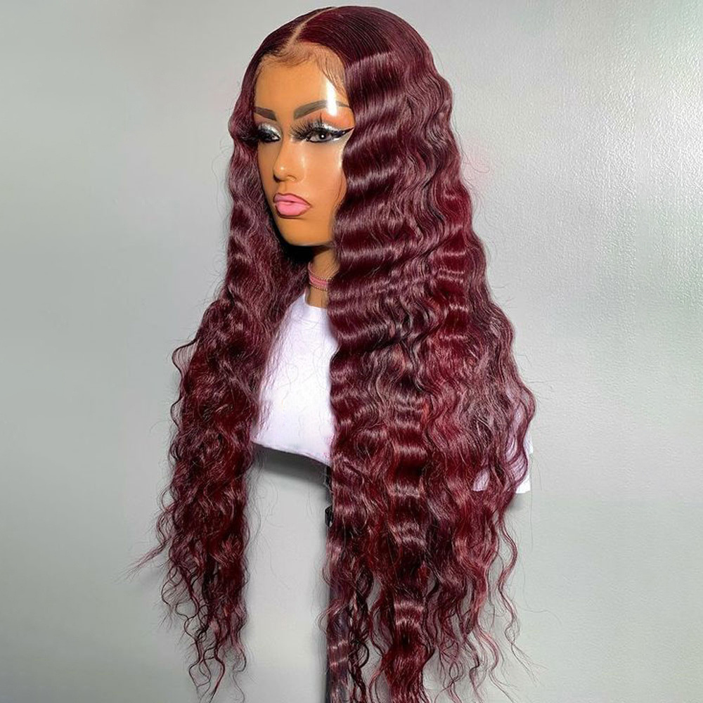 Peruvian Straight Hair 13x4 Lace Front Wig Human Hair Wigs 99J Red Burgundy Pre-Plucked 180% Remy Human Hair Deep Part Wigs