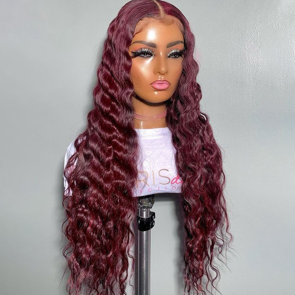 Peruvian Straight Hair 13x4 Lace Front Wig Human Hair Wigs 99J Red Burgundy Pre-Plucked 180% Remy Human Hair Deep Part Wigs