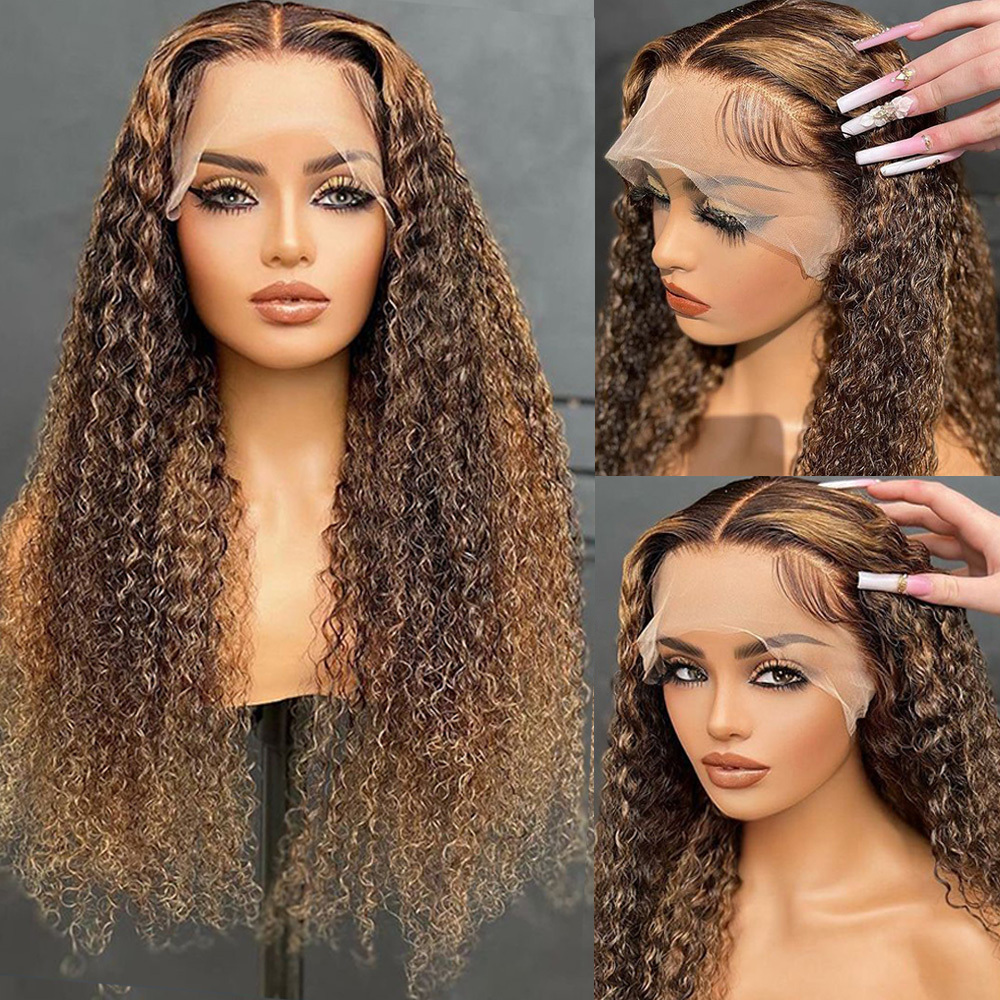 Highlight wig Brown Deep Curly Pre Plucked Transparent 13x4 Lace Frontal Wigs Piano Color Honey Blonde Human Hair Wigs