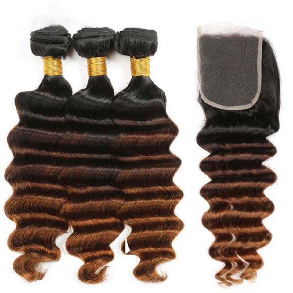 Spark 3 Tone Ombre Loose Deep Hair 3 Bundles with Closure 1b/4/30 Brazilian Virgin Human Hair Weave Bundles with Closure