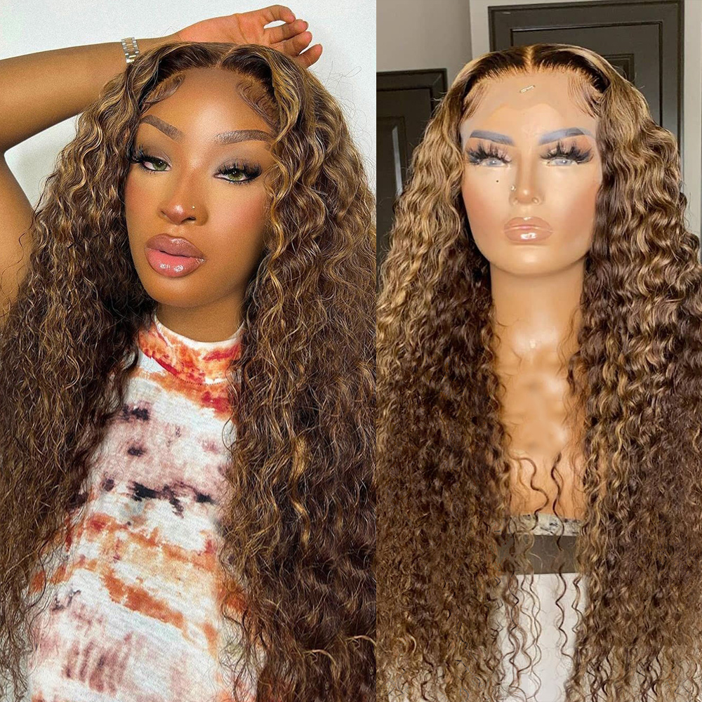 Highlight wig Brown Deep Curly Pre Plucked Transparent 13x4 Lace Frontal Wigs Piano Color Honey Blonde Human Hair Wigs