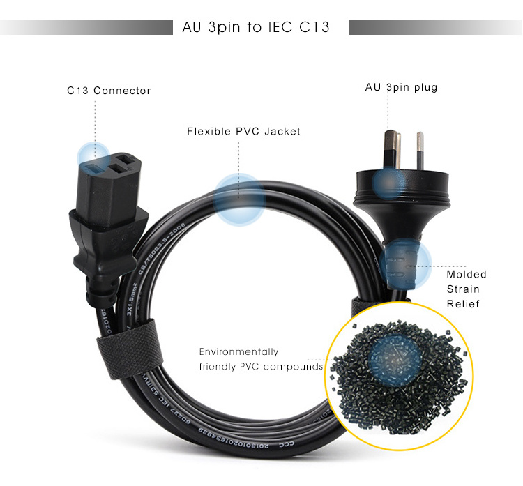 Factory Direct New Zealand Cable Listed H05RN-F Rubber 1.0MM 1.5MM 3 Pin Prong AC Universal Plug IEC C13 AU Power Cord