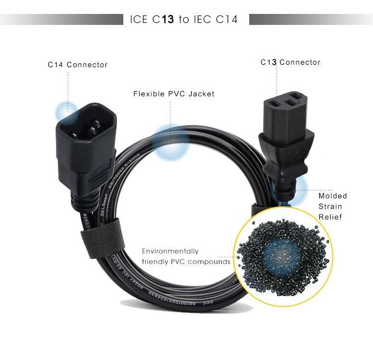 Iec Male to Female Connector 60320 320 Electrical Extension C14 To C13 extension Power Cord Cable