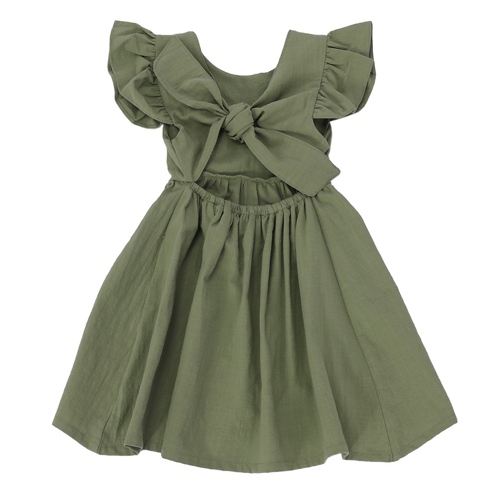 OEM Service Baby Girls Linen Sundress Clothes Causal Toddlers Pleated Dress Backless Little Girls Solid Dress Vintage