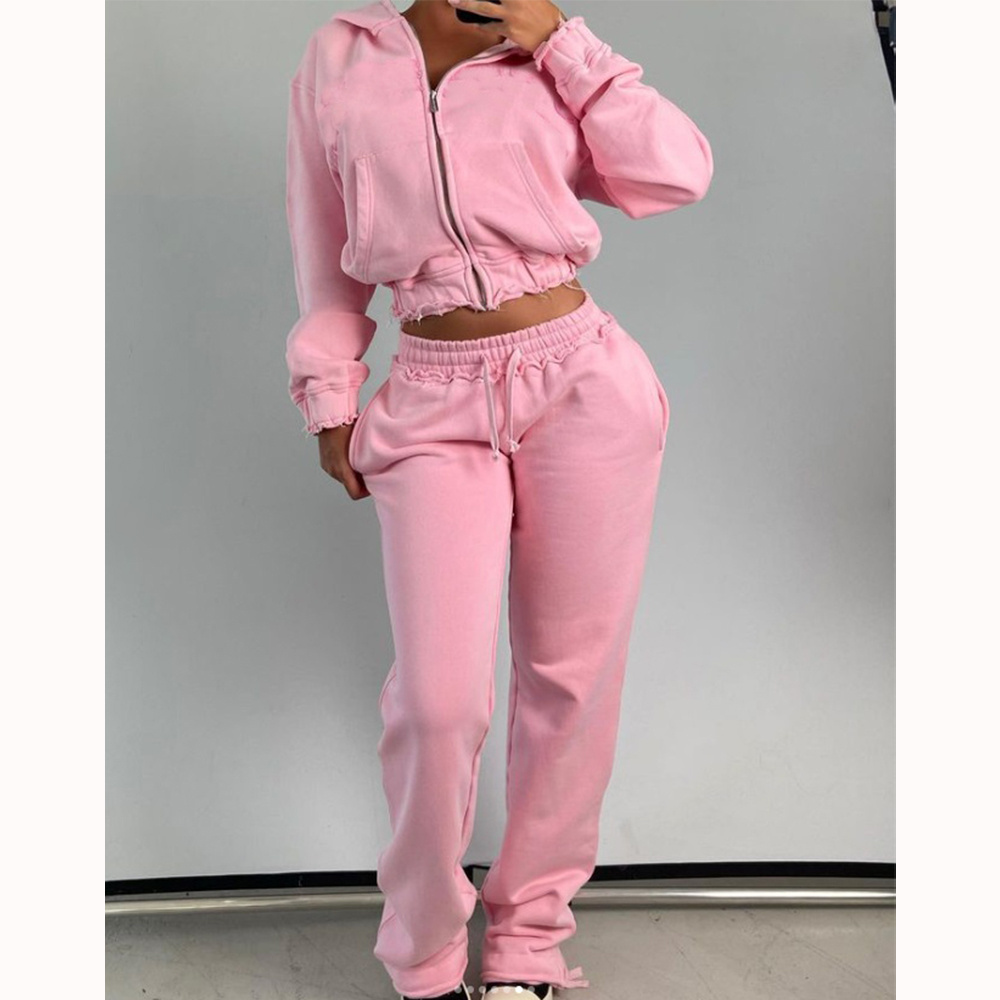 Custom Pink Distressed Zip Hoodie Women Tracksuits Workout Joggers Sets Women Two Piece Pants Set Women's Sweatsuits Set