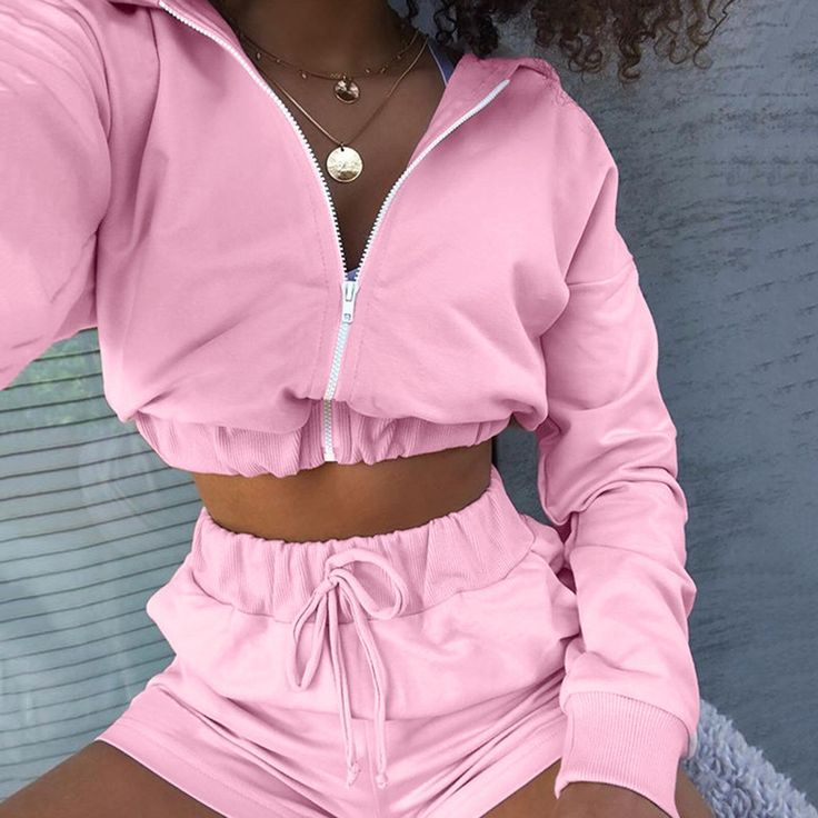 High Quality Short Sets Women Fitness Sweat Suits Long Sleeve Cropped Zipper Hoodie And Shorts Two Piece Sexy Tracksuit Set