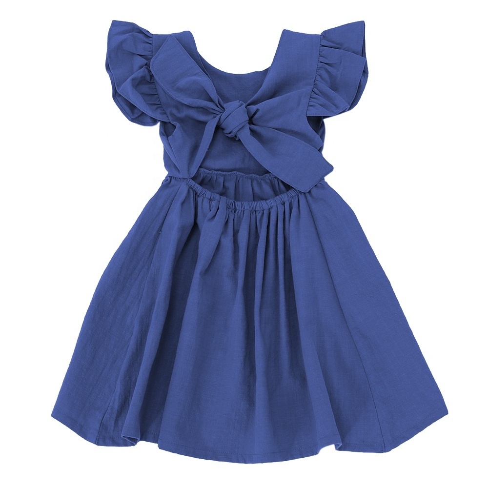 OEM Service Baby Girls Linen Sundress Clothes Causal Toddlers Pleated Dress Backless Little Girls Solid Dress Vintage