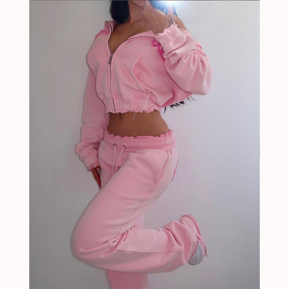 Custom Pink Distressed Zip Hoodie Women Tracksuits Workout Joggers Sets Women Two Piece Pants Set Women's Sweatsuits Set