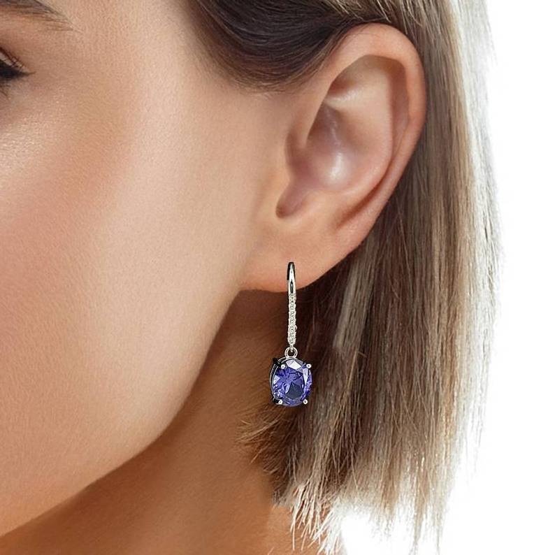 Lever back Dangling Earrings Oval Cut Diamond Earrings Blue Sapphire Wedding Earrings For Women 925 Sterling Silver