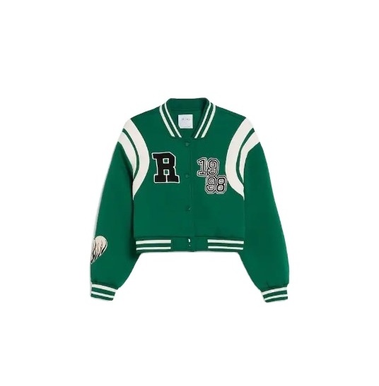 Newest Style Custom Logo High Quality Contrast Sleeve Varsity Bomber Breathable Women Cropped Varsity Jacket