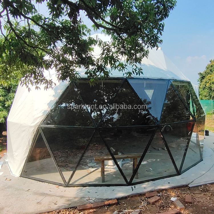 Black Frame 6m Diameter Glass Dome House Glamping Glass Dome Tent with Bathroom