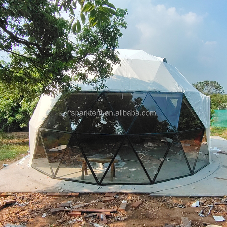 Black Frame 6m Diameter Glass Dome House Glamping Glass Dome Tent with Bathroom