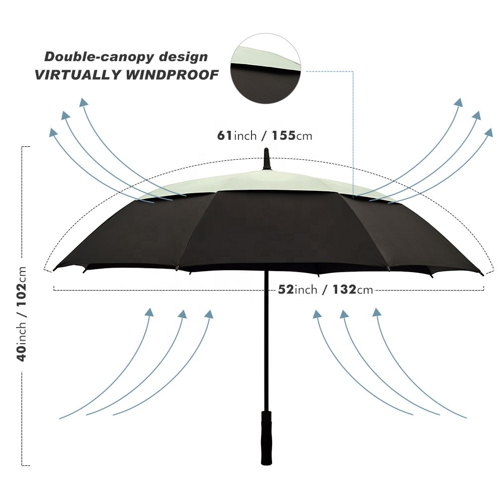 Custom High Quality Extra Long Auto Open Automatic Windproof Double Canopy Layer Best Fiberglass Straight Golf Umbrella