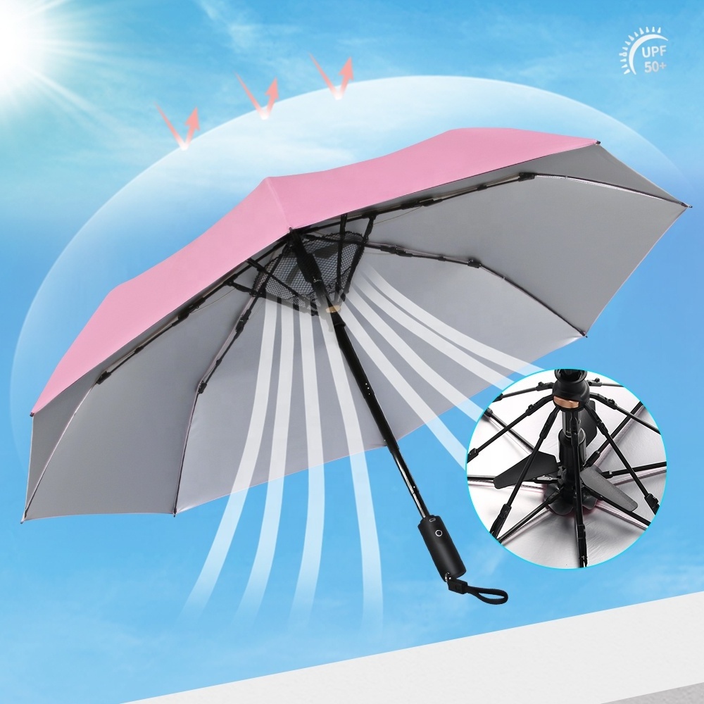 Latest design and develop high quality the folded uv smart gift umbrella with built in fan batteries and charger