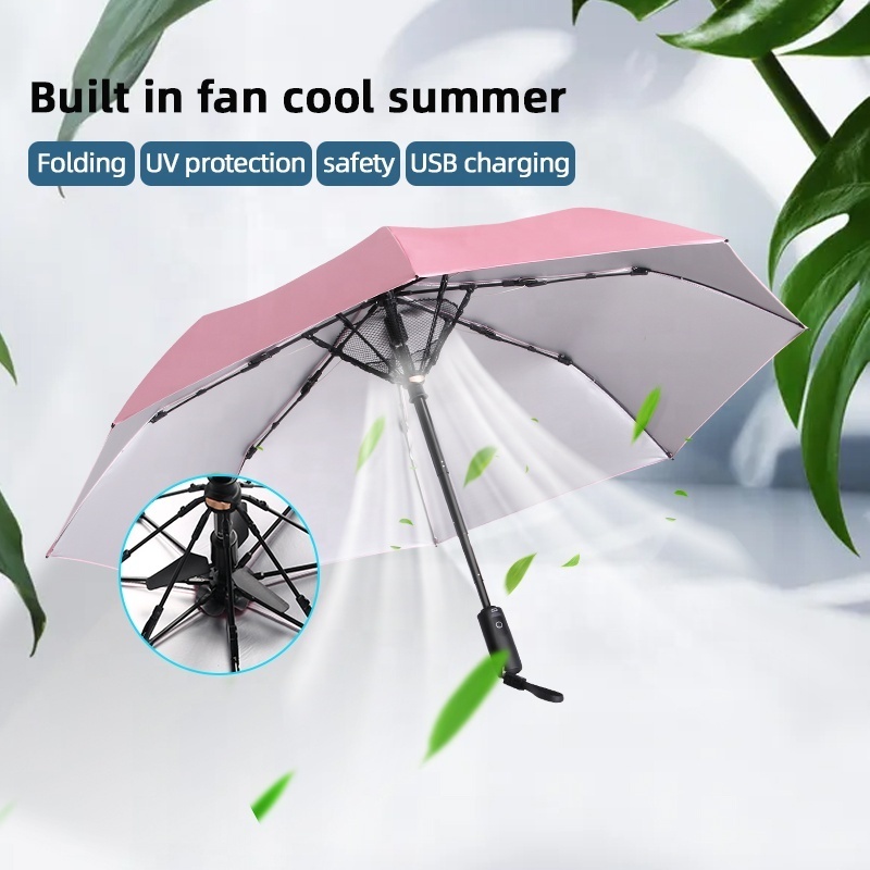 Latest design and develop high quality the folded uv smart gift umbrella with built in fan batteries and charger