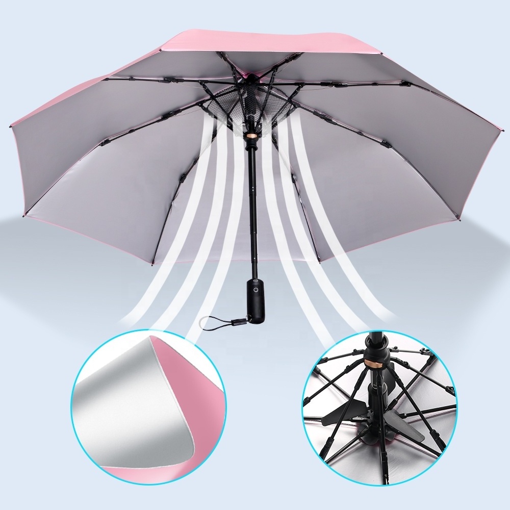 2021 New style Three Folding Summer Blast UV Sun Protection Air Cooling Electric Battery USB Parasol Fan Umbrella