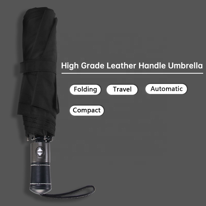 Auto Windproof luxury fashion leather handle 3 Three Foldable Folded Fold Portable Folding Fully Automatic Rain Umbrella