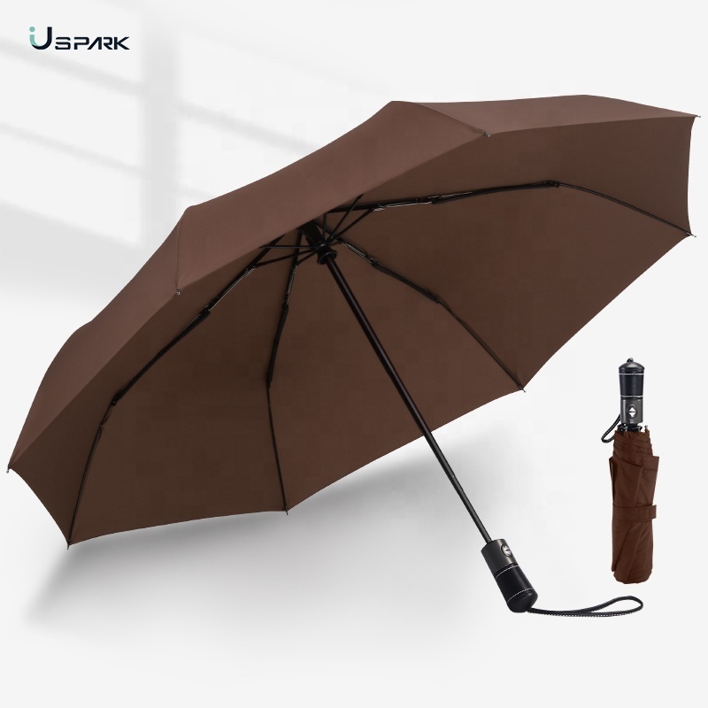 Auto Windproof luxury fashion leather handle 3 Three Foldable Folded Fold Portable Folding Fully Automatic Rain Umbrella