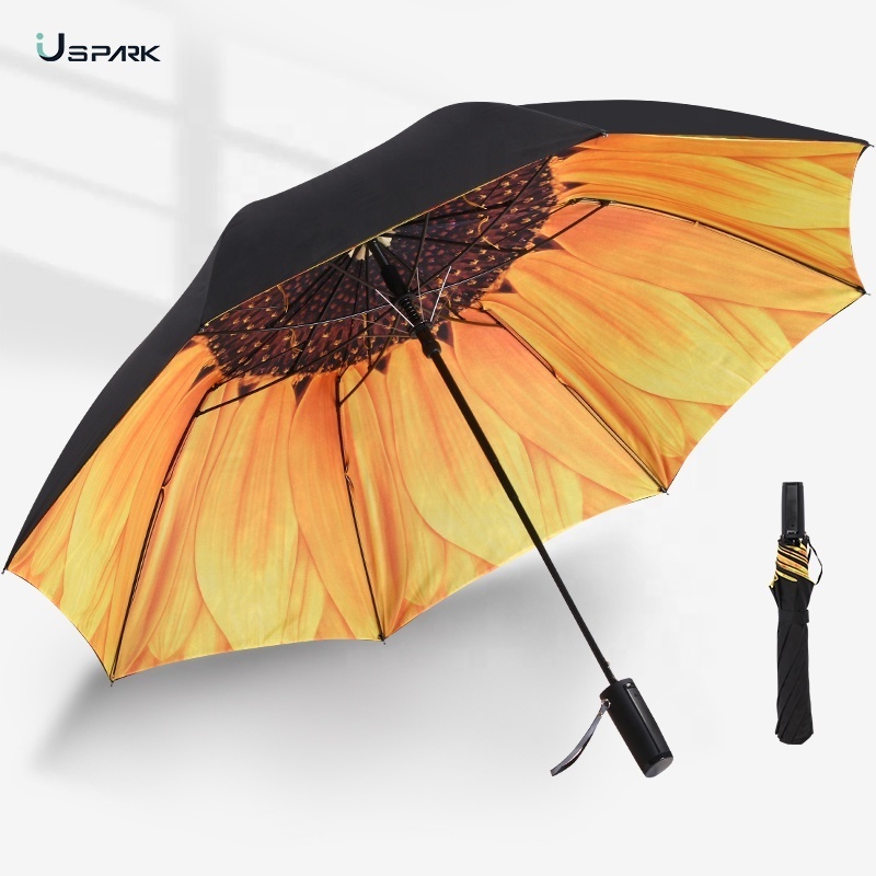 Sunflower digital printing 23inch double layer two folding semi automatic 2 fold umbrella