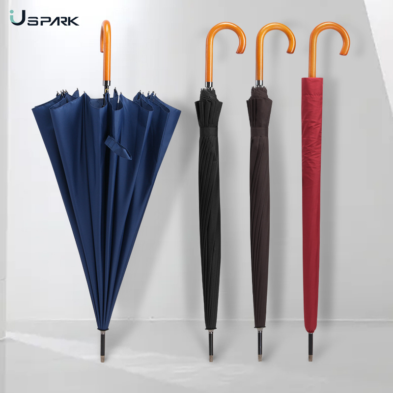 27 inch 16 ribs high quality windproof auto open big fiberglass ribs J hook curved wooden handle stick straight rain umbrella