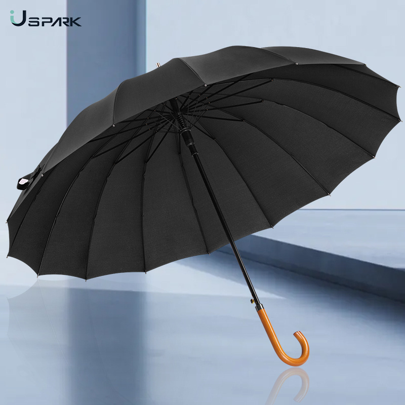 27 inch 16 ribs high quality windproof auto open big fiberglass ribs J hook curved wooden handle stick straight rain umbrella