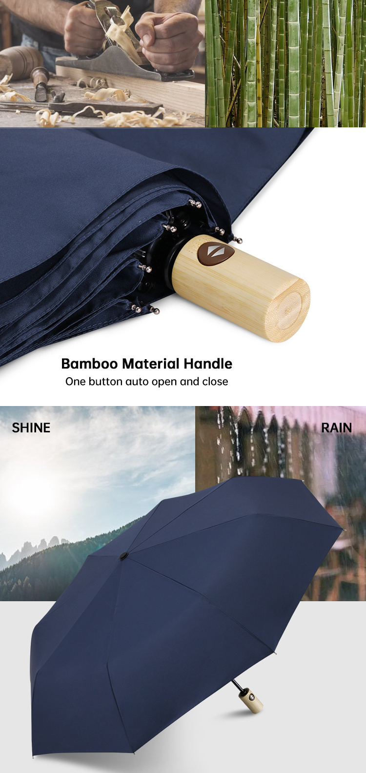 21inch lightweight bamboo handle folding automatic umbrellas windproof travel compact umbrella