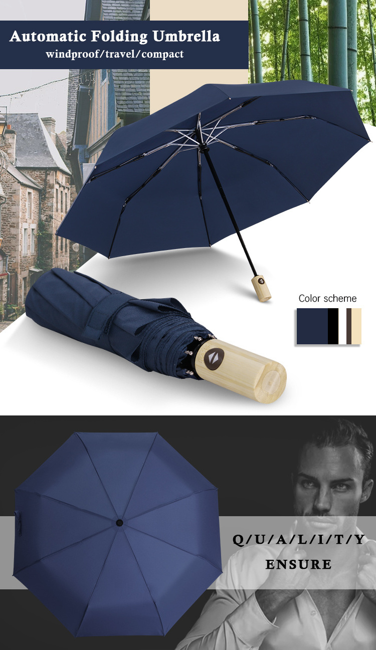 21inch lightweight bamboo handle folding automatic umbrellas windproof travel compact umbrella