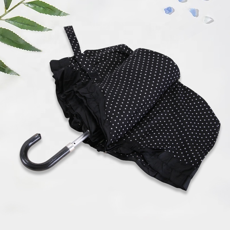 Custom Polka Dot Lace edge Lightweight Curved handle Compact Travel  Folding Umbrella for women